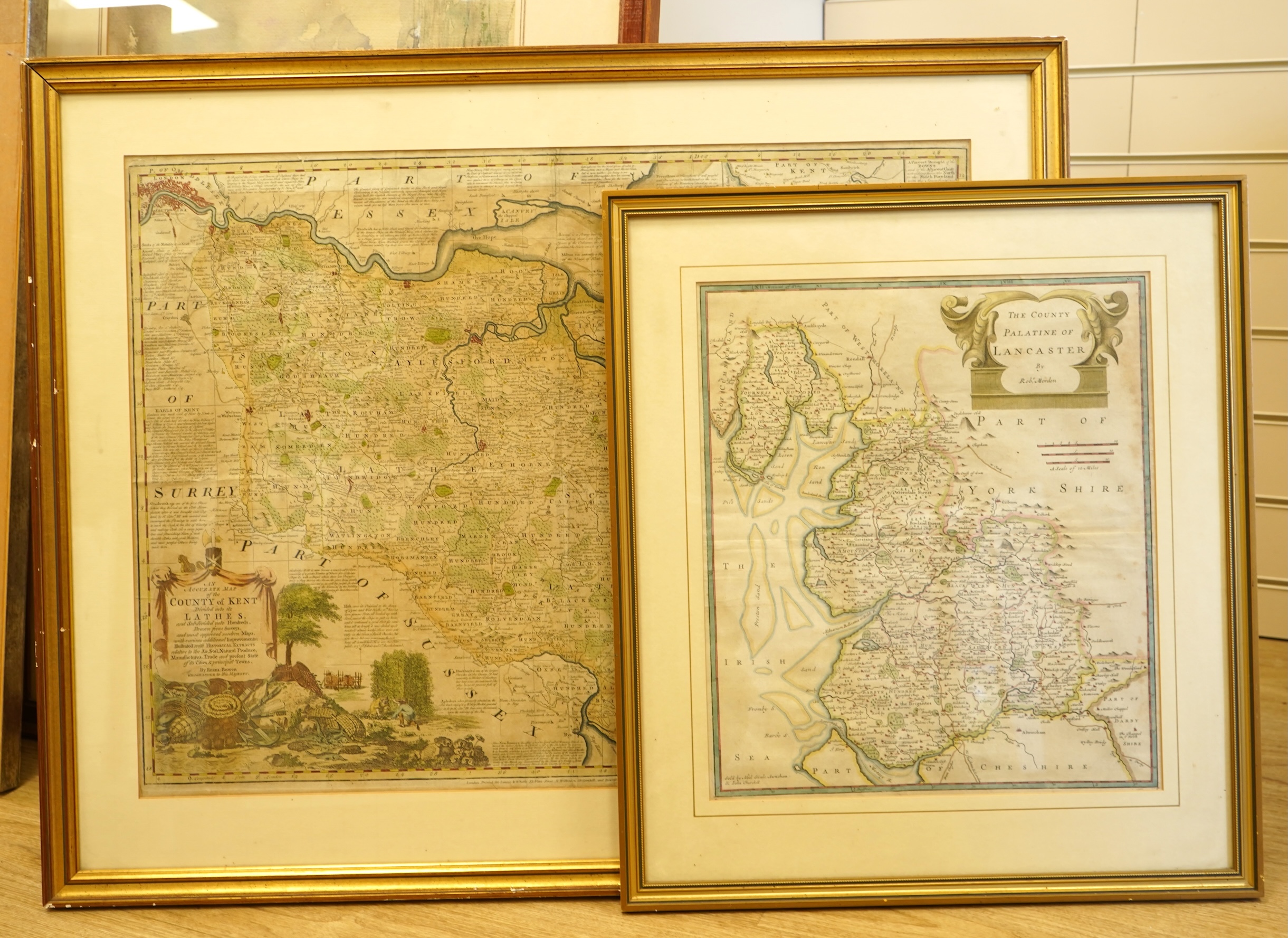 Emanuel Bowen (1694-1767), 'An accurate map of the County of Kent, divided into its lathes', hand coloured engraved map, printed for Laurie & Whittle, London, together with Robert Morden (c. 1650-1703), The County Palati